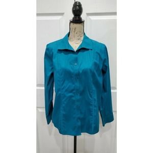 CHICO'S No Iron Teal 100% Cotton Top Button Up Long Sleeve Size 2 (Large-12)